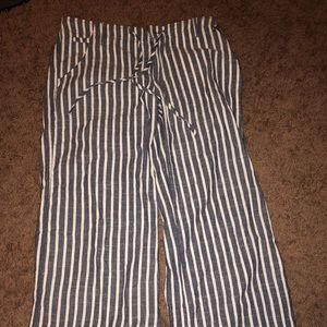 blue and white striped linen pants